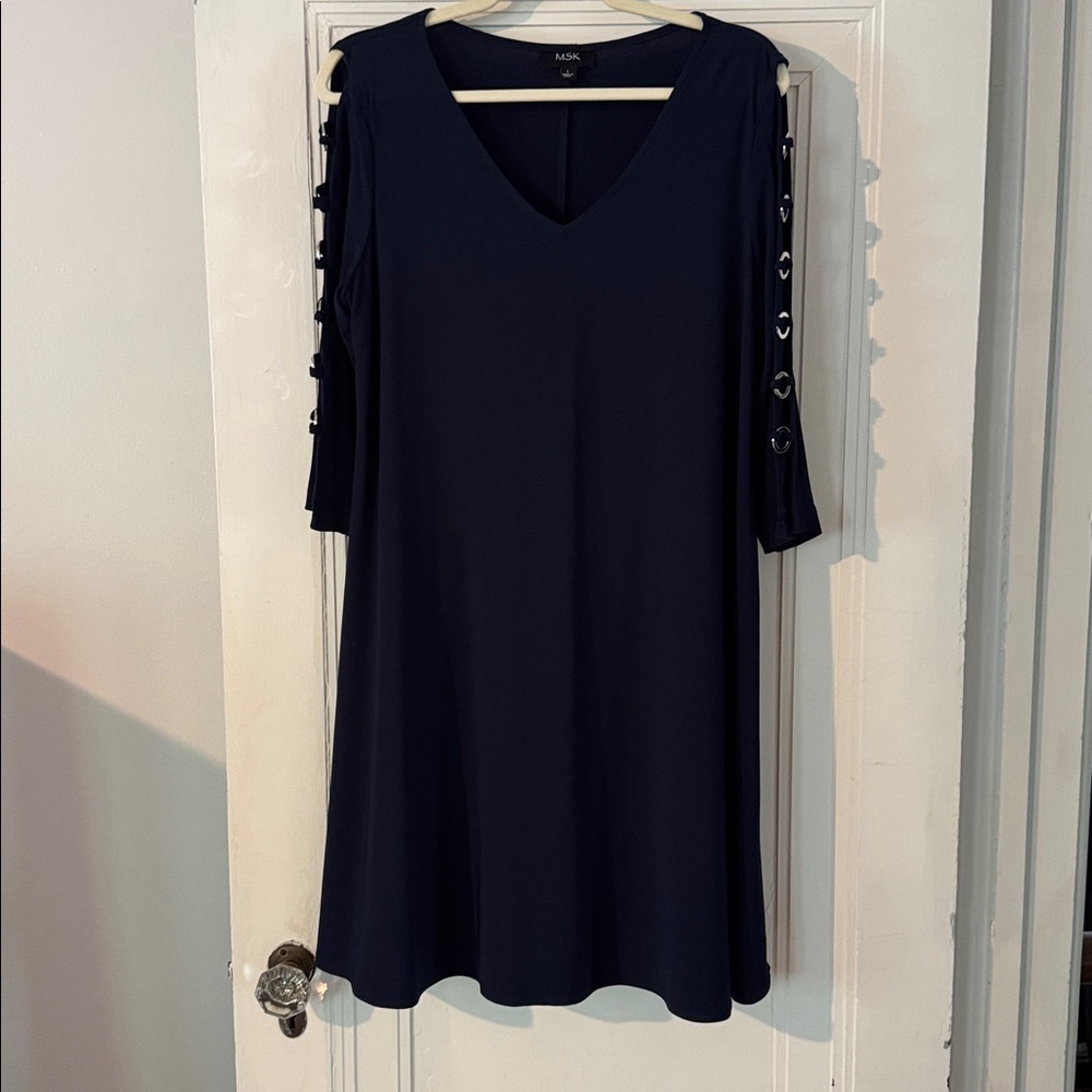 Navy V-Neck Dress, A-line swing cut with flattering silver ring cutout sleeves